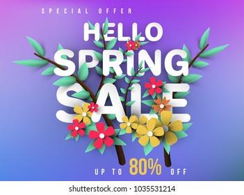 Spring Sale Banner with green leaf and colorful background. Vector Design for your greetings card, flyers,  web banner , invitation, posters, brochure, banners, calendar, spring sale.