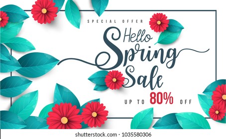 Spring Sale Banner with green leaf and colorful background. Vector Design for your greetings card, flyers,  web banner , invitation, posters, brochure, banners, calendar, spring sale.