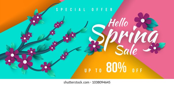 Spring Sale Banner with green leaf and colorful flowers. Vector Design for your greetings card, flyers,  web banner , invitation, posters, brochure, banners, calendar, spring sale.