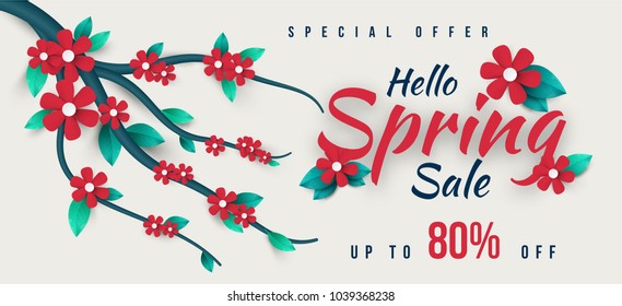 Spring Sale Banner with green leaf and colorful flowers. Vector Design for your greetings card, flyers,  web banner , invitation, posters, brochure, banners, calendar, spring sale.