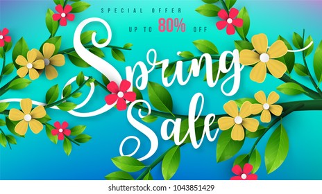 Spring Sale Banner with green leaf and colorful flowers. Vector Design for your greetings card, flyers,  web banner , invitation, posters, brochure, banners, calendar, spring sale.