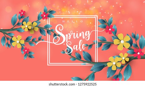 Spring Sale Banner with green leaf and colorful background. Vector Design for your greetings card, flyers,  web banner , invitation, posters, brochure, banners, calendar, spring sale.