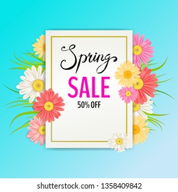 Spring Sale Banner. Hand drawn lettering. Background with chamomile, daisy, leaf and colorful flowers. Vector Design for your greetings card, flyers, web banner , invitation, posters, brochure