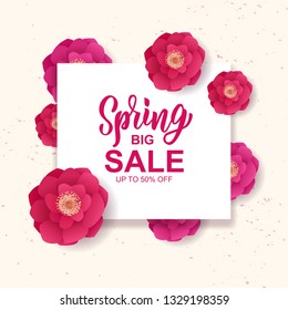 Spring Sale banner. Hand lettering text as logotype, badge and icon, postcard, card, invitation, label template. Special spring sale typography poster. Vector illustration.