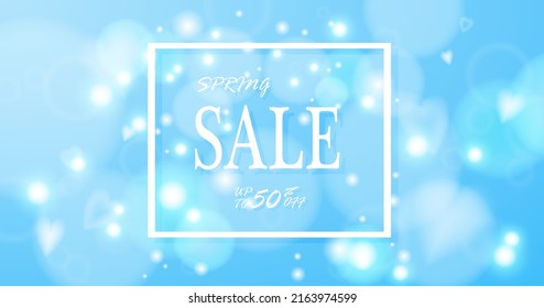 Spring sale banner with Hearts and bokeh.sparkles in the blue spring sky. social media poster with copy space . Eps10