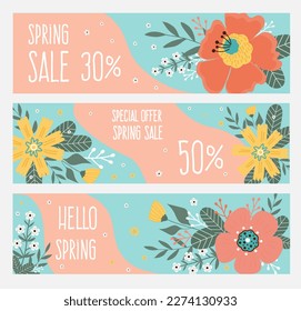 Spring sale banner in horizontal format. Hello spring. Spring flowers, leaves on blue and pink background.