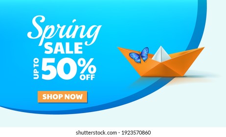 Spring sale banner. Illustration with paper ship and butterfly