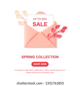 Spring sale banner isolated on white. Up to 50% discount