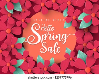 Spring Sale Banner with leaf and colorful flowers. Vector Design for your greetings card, flyers,  web banner , invitation, posters, brochure, banners, calendar, spring sale.