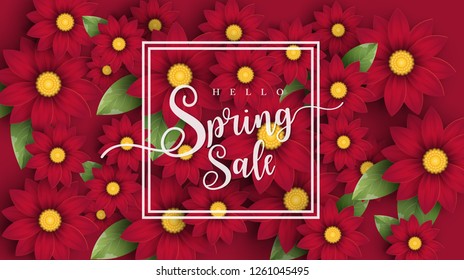 Spring Sale Banner with leaf and colorful flowers. Vector Design for your greetings card, flyers,  web banner , invitation, posters, brochure, banners, calendar, spring sale.