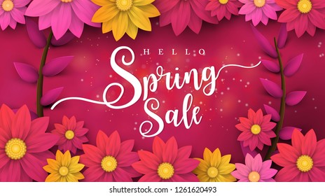 Spring Sale Banner with leaf and colorful flowers. Vector Design for your greetings card, flyers,  web banner , invitation, posters, brochure, banners, calendar, spring sale.