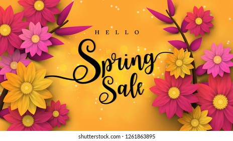 Spring Sale Banner with leaf and colorful flowers. Vector Design for your greetings card, flyers,  web banner , invitation, posters, brochure, banners, calendar, spring sale.