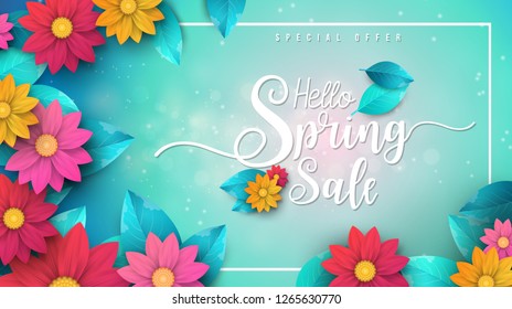 Spring Sale Banner with leaf and colorful flowers. Vector Design for your greetings card, flyers,  web banner , invitation, posters, brochure, banners, calendar, spring sale.