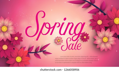 Spring Sale Banner with leaf and colorful flowers. Vector Design for your greetings card, flyers,  web banner , invitation, posters, brochure, banners, calendar, spring sale.