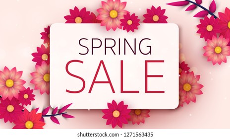 Spring Sale Banner with leaf and colorful flowers. Vector Design for your greetings card, flyers,  web banner , invitation, posters, brochure, banners, calendar, spring sale.