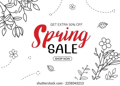 Spring sale banner with leaf and flower hand drawn on white background. Poster sale up to 50% off.