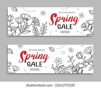 Banner de venta primaveral con la hoja y la mano floral dibujada sobre fondo blanco. Venta de afiches hasta un 50% de descuento.