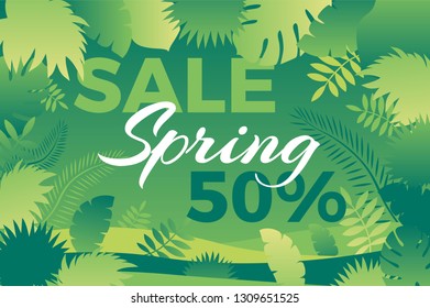 Spring sale banner with leafs. Vector illustration for promotions, magazines, advertising, web sites.
