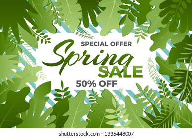 Spring sale banner with leafs. Vector illustration in trendy style.