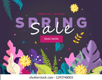 Spring sale banner, leaves and spring flowers on purple background. Spring design for season sale banner, special offer poster, flyer, web site, vector illustration. Fashion sale banner for website