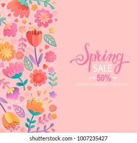 Spring sale banner with lettering on pink background with beautiful flowers on the left side and place for your text on the right. Vector illustration template, card, banner, poster, voucher discount.