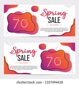 Spring sale banner, liquid abstract forms, colorful gradient shapes and and geometric pattern on background