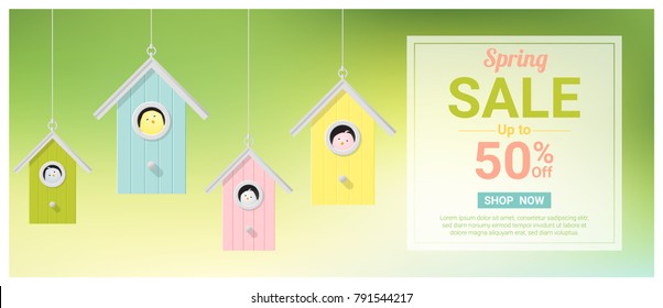 Spring sale banner with little birds in colorful birdhouses , vector , illustration