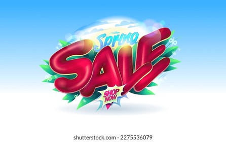 Spring sale banner mockup with blue sky and 3D lettering. Promotion vector template for spring season