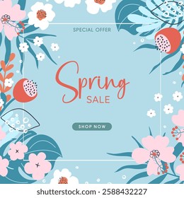 Spring sale banner. Naive art style seasonal background with tropical flowers. Discount special offer for online shopping. Flat design hand drawn vector illustration.