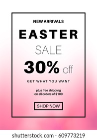 Spring sale banner for online shopping with discount offer. Promotional email design poster. Pink abstract background.