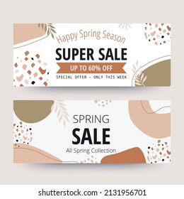 Spring sale banner. Organic shape collection. Minimal cover and background. Social media post and template with organic shape. Abstract design. Hand drawn. Vector illustration.