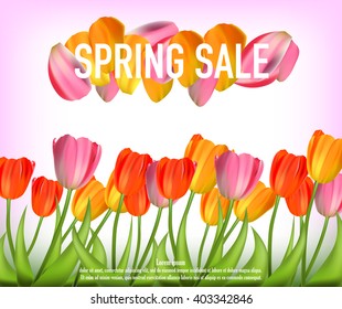 Spring sale banner over set of tulips -  Vector eps 10 illustration.