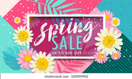 Spring Sale Banner. Paper cut Floral card. Spring blossom. Happy Women's Day. 8 March. Text. Seasonal holiday. Spring Sale Poster, voucher discount. Memphis style spring summer flyer easy editable.