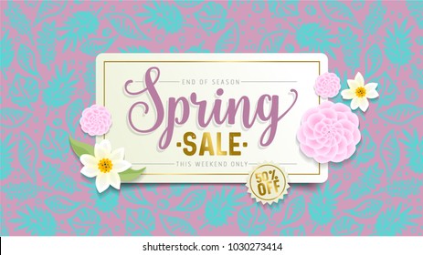 Spring Sale Banner. Paper cut Floral card. Spring blossom. Happy Women's Day. 8 March. Text. Seasonal holiday. Spring Sale Poster, voucher discount. Memphis style spring summer