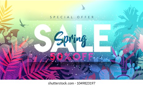 Spring Sale Banner. Paper cut Floral card. Spring blossom. Happy Women's Day. Text. Seasonal holiday. Spring Sale Poster, voucher discount. Memphis style spring summer flyer. Easy editable template. 