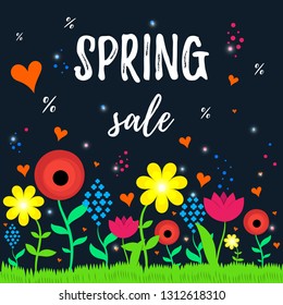 Spring Sale Banner with paper flowers on a black background Hand drawn abstract background, Spring banner for online shopping, advertising actions, magazines and websites. Vector Illustration. Vector