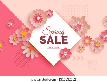 Spring Sale Banner with Paper Flowers