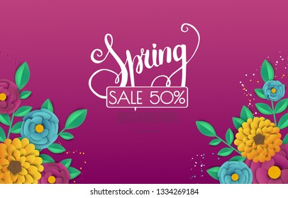 Spring sale banner with paper flowers on a pink background.