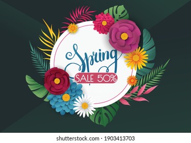 Spring sale banner with paper flowers. Banner perfect for promotions, magazines, advertising, web sites. Vector illustration.