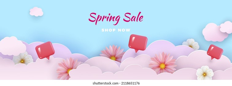 Spring sale banner with paper flowers on blue background. Spring flowers in pink clouds. Vector illustration.