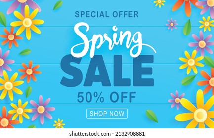 Spring sale banner with paper flowers on a blue background. Banner perfect for promotions, web sites. Vector illustration.