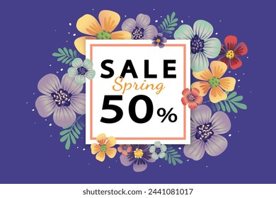 Spring sale banner with paper flowers. vector abstract hand drawn colorful summer. flower frame on blue background. Hand Drawn textures. Ideal for web, card, poster, cover, invitation, brochure. EPS10