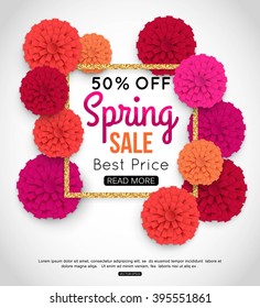 Spring sale banner with paper flowers and gold frame. Best Price. Up to 50% off. Vector illustration.