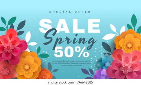Spring sale banner with paper flowers on a blue background. Banner perfect for promotions, magazines, advertising, web sites. Vector illustration. - Shutterstock ID 596642585