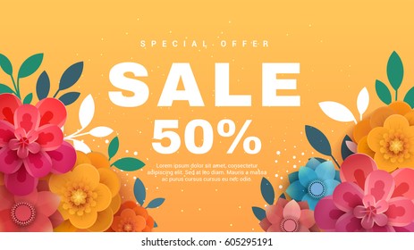 Spring Sale Banner With Paper Flowers On A Yellow Background. Vector Illustration. Banner Perfect For Promotions, Magazines, Advertising, Web Sites.