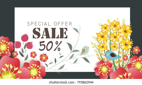 Spring sale banner with paper flowers on a yellow background. Vector illustration. Banner perfect for promotions, magazines, advertising, web sites