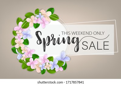 Spring sale banner. Pink flowers with green leaves in a circular wreath. Vector illustration with lettering.
