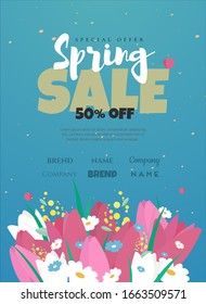 Banner de venta primaveral con tulipanes rosados sobre fondo azul para promociones, sitio web, publicidad. Ilustración vectorial.
