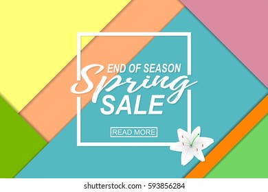 Spring sale banner, poster, flyer. Sale vector illustration with geometric background and white lily.