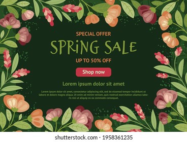 Spring sale banner, poster, frame, flyer  with Burgundy flowers in hand drawn style